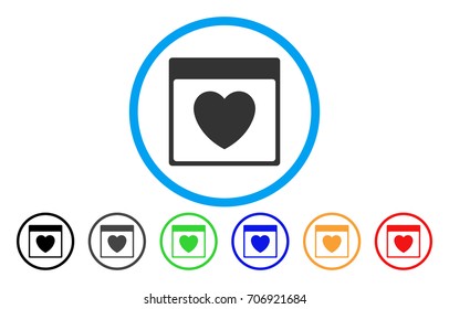 Favourite Heart Calendar Page vector rounded icon. Image style is a flat gray icon symbol inside a blue circle. Bonus color variants are gray, black, blue, green, red, orange.