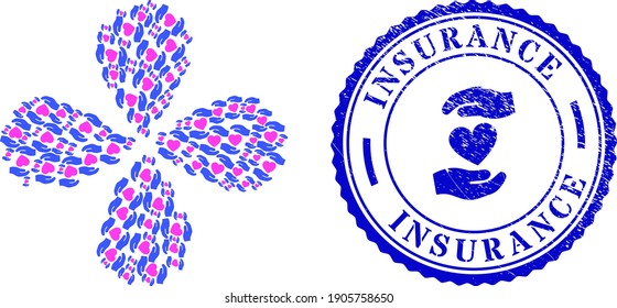 Favourite heart care hands swirl flower with four petals, and blue round INSURANCE scratched stamp with icon inside. Object whirlpool designed from oriented favourite heart care hands items.