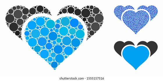 Favourite hearts composition of filled circles in variable sizes and color tints, based on favourite hearts icon. Vector small circles are composed into blue mosaic.