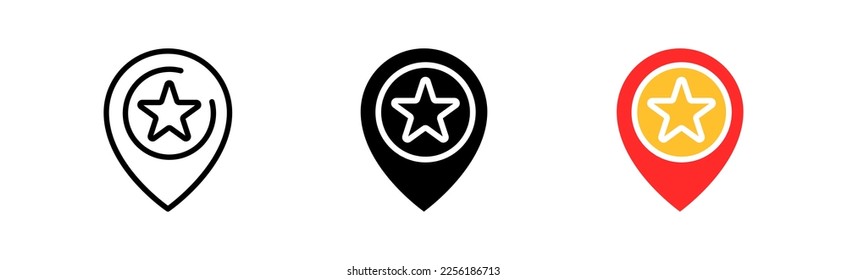 Favourite location set icon. Geolocation, navigation equipment, gps, pointer map, travel, destination route. Geography concept. Vector icon in line, black and colorful style on white background