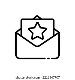 Icono de línea de correo favorito. Estrella, carta, sobre, escogida, dirección, correspondencia, cartas, enviar mensaje. Concepto de comunicación. Icono de línea negra del vector en fondo blanco