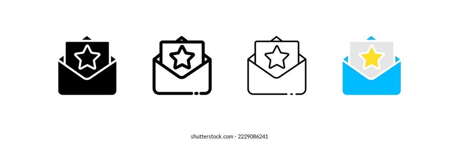 Favoritensymbol für E-Mails. Stern, Brief, Briefumschlag, ausgewählt, Empfänger, Korrespondenz, Briefe, senden Sie eine Nachricht. Kommunikationskonzept. Vier Vektorsymbol in verschiedenen Stilen auf weißem Hintergrund