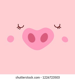 Favourite piggy face, smile, nose, heart, piglet, pink. Asian symbol mascot Year of Pig Vector Design Chinese New Year 2019. Hand drawn vector illustration.