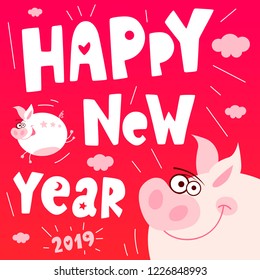 Favourite piggy face, smile, nose, heart, piglet, pink. Asian symbol mascot Year of Pig Vector Design Chinese New Year 2019. Hand drawn vector illustration.