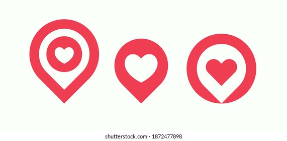 Favourite places icon set, liked places pin collection, love location pointer with heart, isolated vector logo template.