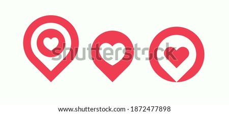 Favourite places icon set, liked places pin collection, love location pointer with heart, isolated vector logo template.