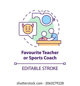 Favourite teacher and sports coach concept icon. Reporting cyberbullying idea thin line illustration. Contacting counselor and principal. Vector isolated outline RGB color drawing. Editable stroke