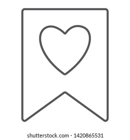 Favourite thin line icon, mark and favorite, bookmark with heart sign, vector graphics, a linear pattern on a white background, eps 10.