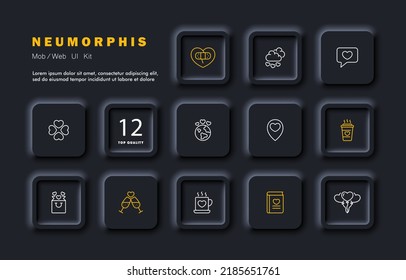 Favourite things set icon. Heart, love, broken, band aid, valentine, message, confess, planet, luck, pointer, cup, bag, champagne glass, book, balloon. Feelings concept. Neomorphism. Vector line icon.