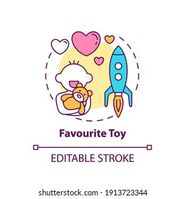 Favourite toy concept icon. Toddler with stuffed animal. Rocket toy. Early childhood development idea thin line illustration. Vector isolated outline RGB color drawing. Editable stroke