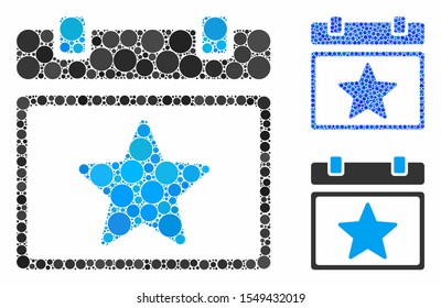 Favourites calendar page composition of spheric dots in different sizes and color tinges, based on favourites calendar page icon. Vector dots are composed into blue composition.