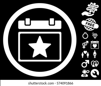 Favourites Day icon with bonus lovely design elements. Vector illustration style is flat rounded iconic white symbols on black background.