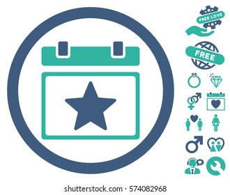 Favourites Day icon with bonus valentine symbols. Vector illustration style is flat rounded iconic cobalt and cyan symbols on white background.