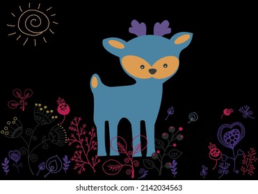 El peón es azul sobre un fondo oscuro entre flores y hojas. Archivo vector.