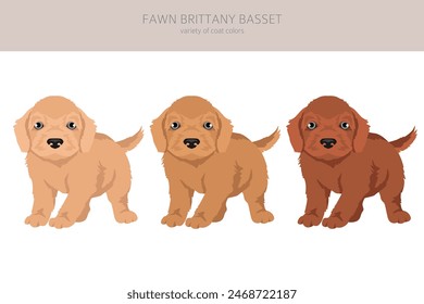 Fawn brittany basset puppy clipart. Basset fauve de bretagne. Different coat colors and poses set.  Vector illustration