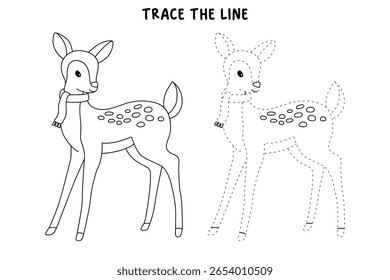 A Fawn coloring pages for kids. Trace and color fawn. A cute fawn animal vector. Fun activity coloring fawn animal for Kindergarten and preschool printable for kids. Forest animals.