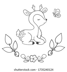 Fawn with flower and Butterfly coloring page. Cute hand drawn vector illustration with Fawn. Baby fawn fantasy character for coloring.