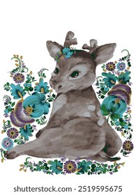 Fawn with flowers looks on back