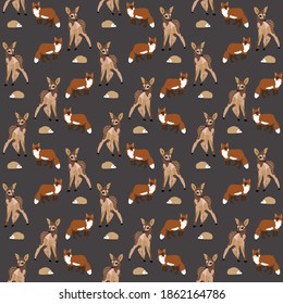 Fawn, zorro y hedgehog en un fondo gris oscuro.
Textura forestal.