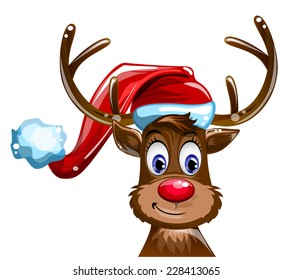 fawn in the hat of Santa Claus on white background vector