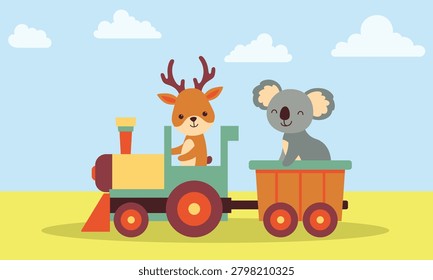 Fawn and koala cub with locomotive vector illustration