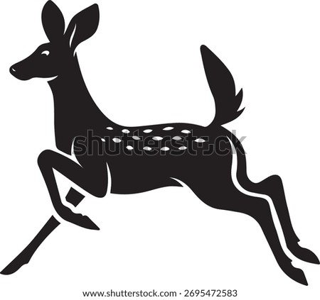 Fawn leaping silhouette with spots vector, Young deer jumping silhouette black and white