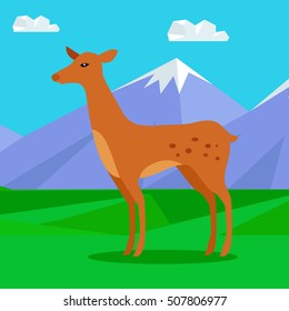 Fawn on the lawn in the mountains. Junior verdant young brown spotted deer. Ruminant mammal. Little inexperienced fawn in its first year. Cartoon illustration. Herbivore creature. Vector illustration