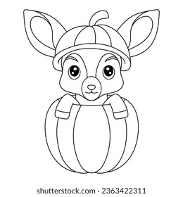 A fawn in the pumpkin coloring book. Coloring page. Black and white vector illustration. Happy Halloween