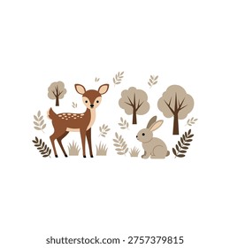 Fawn and rabbit in forest, illustration, flat design, nature scene
