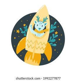 Un peón en un cohete vuela en el espacio. Ilustración infantil al estilo escandinavo. Pegatina, habitación infantil, decoración de dormitorio.Vector.