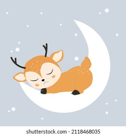 Fawn sleeping on the moon.Cute childish vector illustration