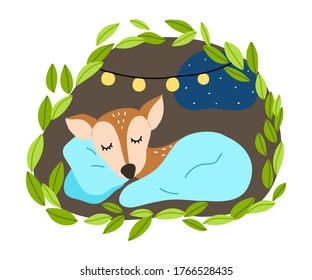 Fawn sleeping under blanket in his cosy burrow underground during winter