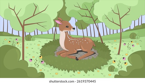 Fawn in spring forest grass flat illustration. Baby deer resting in woods clearing glade. Cute wildlife. Woodland animal habitat 2D character cartoon background. Colorful scene vector art image