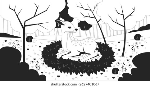 Fawn na ilustração de linha de grama da floresta de primavera. Cervo-bebê descansando em clareiras de limpeza de bosques. Bela vida selvagem. Habitat animal de floresta 2D tinta caractere linear monocromático. Imagem vetorial de contorno plano