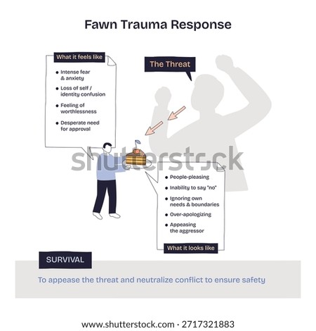 Fawn trauma response depicted as appeasement, a person offers cake to a looming threat, main objects are helper figure, aggressor silhouette, and caption boxes. Diagram