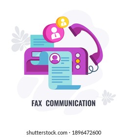 Icono de la infografía de comunicación por fax. Elementos de la comercialización directa. Correo electrónico, publicidad por correo, catálogo y telemarketing. Comprando por ordenador, comprando por tv. Banner de vector plano con icono.
