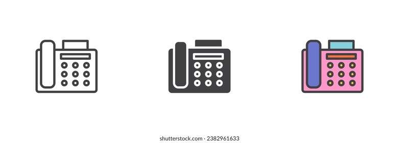 Fax machine different style icon set. Line, glyph and filled outline colorful version, Office telephone outline and filled vector sign. Symbol, logo illustration. Vector graphics