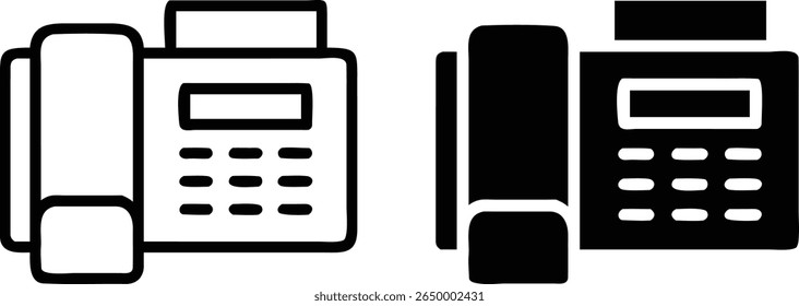 Faxgerät-Symbolsatz - Vektorgrafik des schwarzen und weißen Bürokommunikationsgeräts