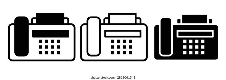 Fax machine icon set. Telephone with document paper symbol for office communication, business message transfer, retro telecommunication equipment or corporate contact vector illustration.