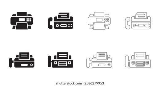 Fax machine icons set simple clean and smooth lines and fill vector icons in black on a white background.
