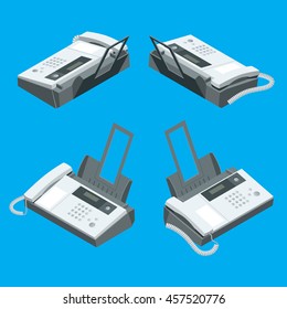 Fax machine, office equipment. Flat 3d vector isometric illustration.