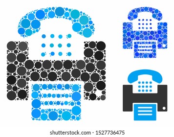 Fax mosaic of round dots in different sizes and color hues, based on fax icon. Vector round dots are united into blue mosaic. Dotted fax icon in usual and blue versions.