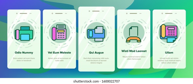 Fax Printer Onboarding Mobile App Page Screen Vector. Fax Telephonic Office Equipment For Print Message And Document Illustrations
