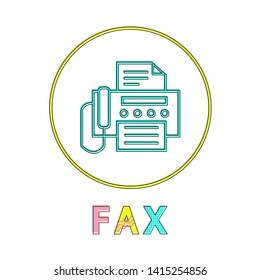 Fax round linear icon with machine and document. Device to send papers symbol on button colorful outline isolated cartoon flat vector illustration.