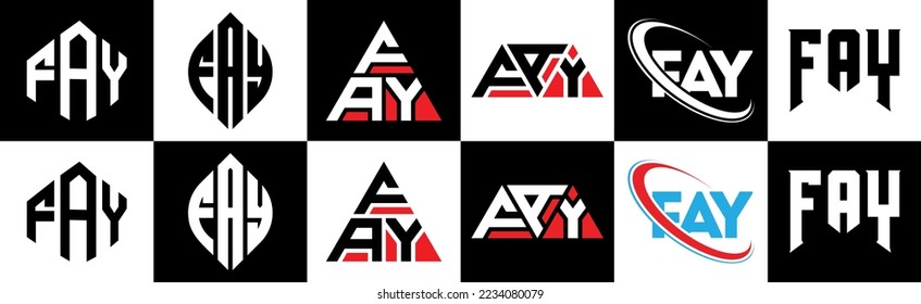 FAY letter logo design in six style. FAY polygon, circle, triangle, hexagon, flat and simple style with black and white color variation letter logo set in one artboard. FAY minimalist and classic logo