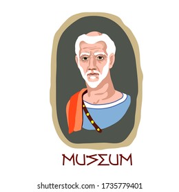 Fayum funeral portrait of an ancient Greek old grey-haired man, Museum exhibit, color vector illustration in cartoon, flat & hand drawn style, isolated on a white background