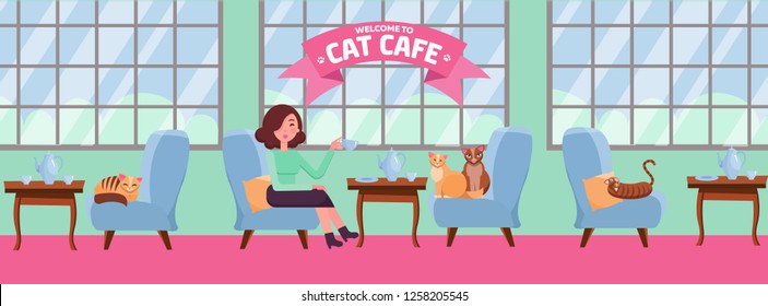 Fb Cover horizontal Web Banner Social Media Design Welcome to cat cafe Template. Girl and cat Tea party. Spending time with pet. Interior with large windows. Flat cartoon vector illustration