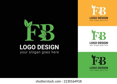 Letras FB eco logo con hoja. Tipo de vectores para afiches de naturaleza, emblema ecológico, identidad vegana, tarjetas botánicas y de hierbas, etc. Ecología Cartas FB logotipo con hoja verde.