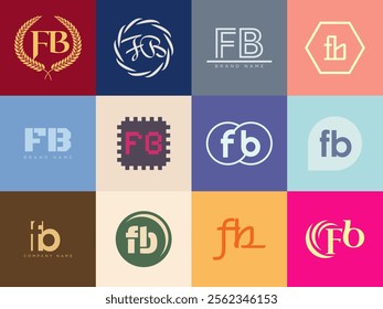 FB logo company template. Letter f and b logotype. Set different classic serif lettering and modern bold text with design elements. Initial font typography. Collection trendy business identity.