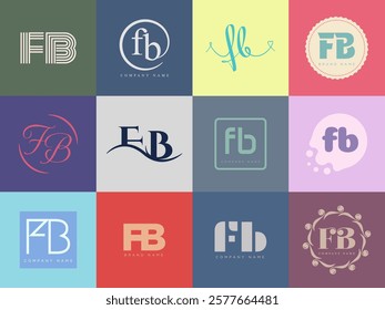 FB logo company template. Letter f and b logotype. Set different classic serif lettering and modern bold text with design elements. Initial font typography. Collection trendy business identity.